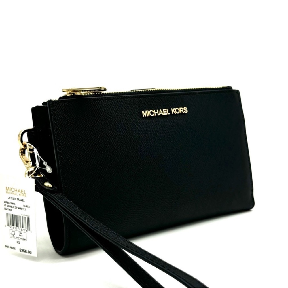 Michael Kors Large Double Zip Wallet Wristlet Black/Gold - Picture 4 of 9